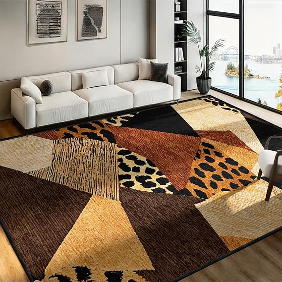 Large Leopard Print Area Rug,160x200cm,Modern Luxury Cheetah Print Rugs, Geometric Patchwork Brown Animal Skin Rug, Non-Slip, Washable Faux Fur Rugs, for Bedroom Living Room Western Decor