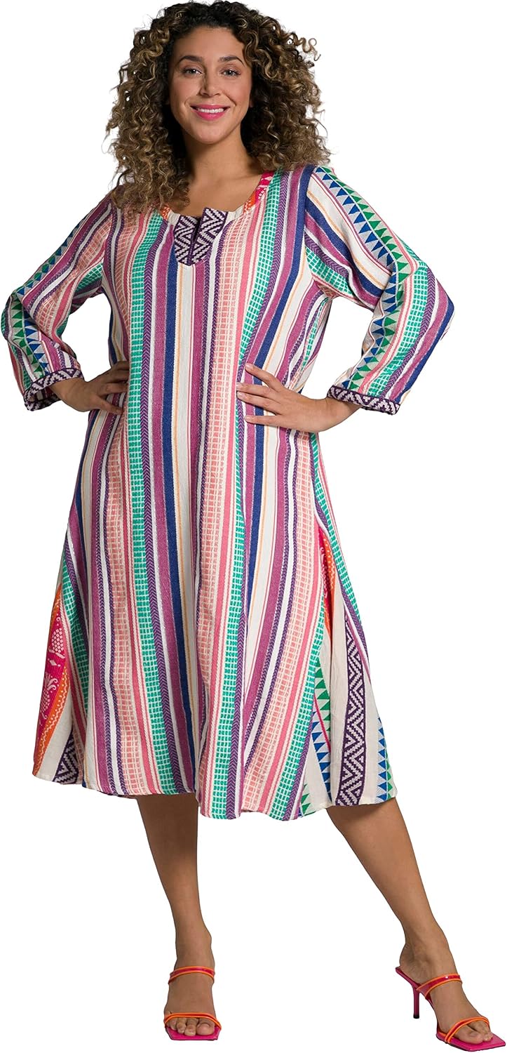 Ulla Popken Womenswear Plus Size Curvy Oversize Graphic Jacquard Stripe Cotton Caftan Dress Magnolia Red Multi 54 807142820