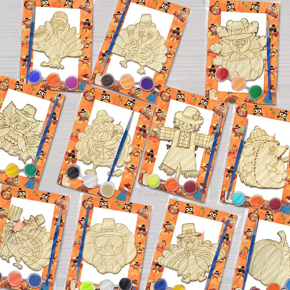 SYUCVQI 12 Pack Fall Thanksgiving Wooden Painting Craft Kits for Thanksgiving Party DIY Coloring Wooden Turkey Scarecrow Pumpkin Harvesting Art Activities Fall Gift Goodie Bag Stuffers Prize