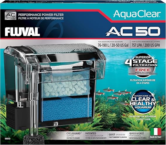 Fluval 50 Power Filter Aquarium Filter for 20 to 50 Gallon Fish Tanks Quiet Energy Efficient Pump Mechanical, Chemical & Biological Filtration Easy Install & Maintenance (Packaging May Vary)