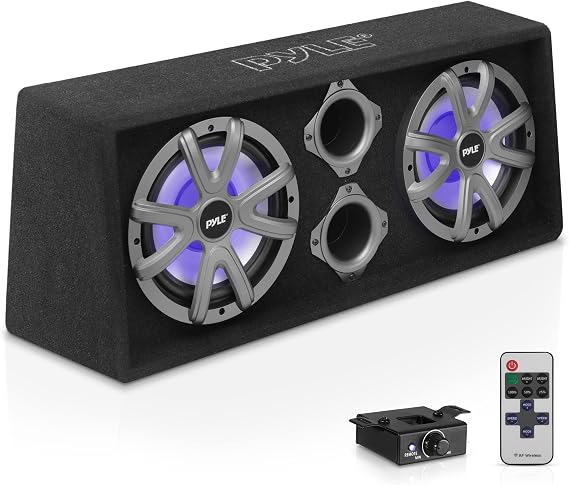 Pyle 12" Dual Bass Subwoofer Box System - 600 Watt Slim Mount Truck Audio Subwoofer Box with Rear Vent Design and Built-in Lighting LED Light - PLBAS122LE Black