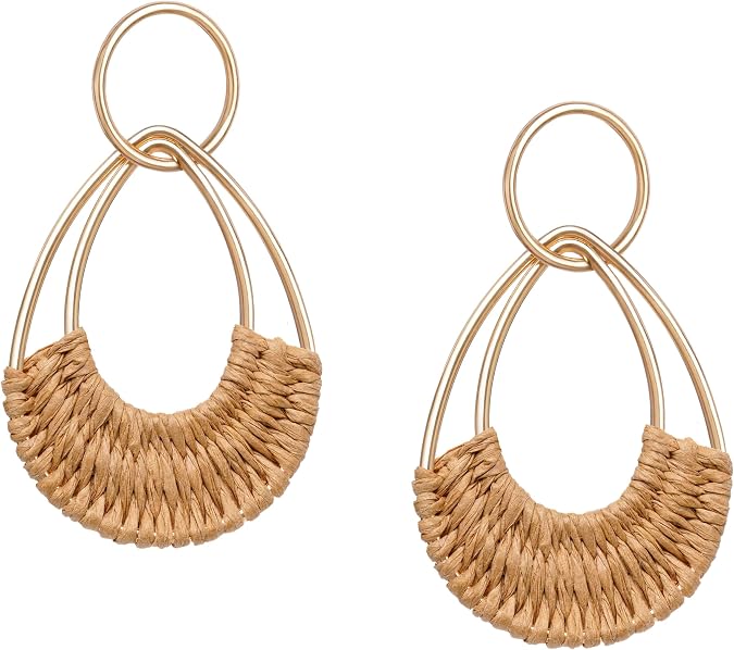 Raffia Hoop Earrings for Women Fun Boho Summer Beach Earrings Lightweight Handmade Straw Wicker Rattan Dangle Earrings Statement Geometric Round Drop Earrings
