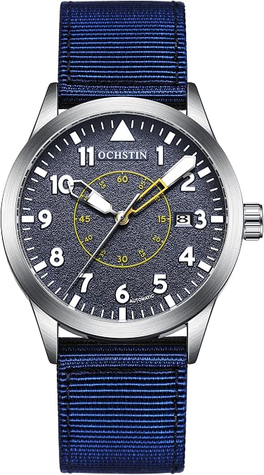Men's Automatic Mechanical Watch - Military Style Analogue Display with Date - Leather, Stainless Steel and Nylon Strap