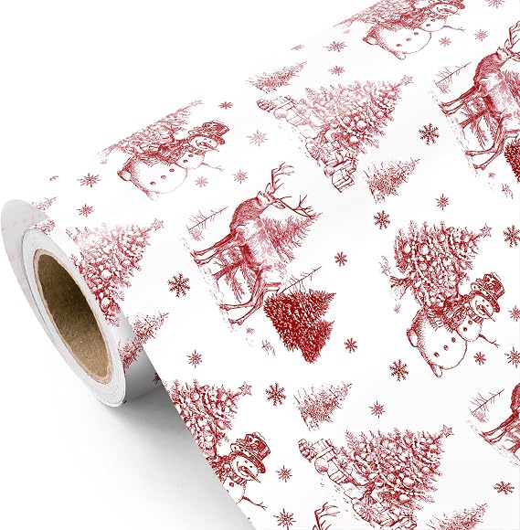 WRAPAHOLIC Red Christmas Wrapping Paper - Mini Roll - 17 Inch x 16.5 Feet - Red Sketch Christmas Elements Wrapping Paper for Xmas Holiday, Party Celebration