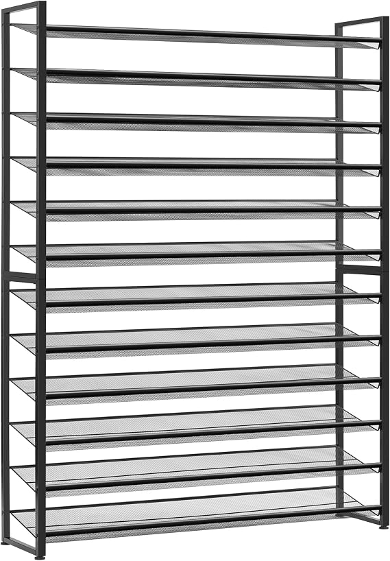Nunsino Shoe Rack, Long Shoe Organizer,Max Holds 75 Pairs,12 Tier Metal Shoe Storage Shelf,6-Tier Stackable Shoes Organizer for Garage, Entryway,Black