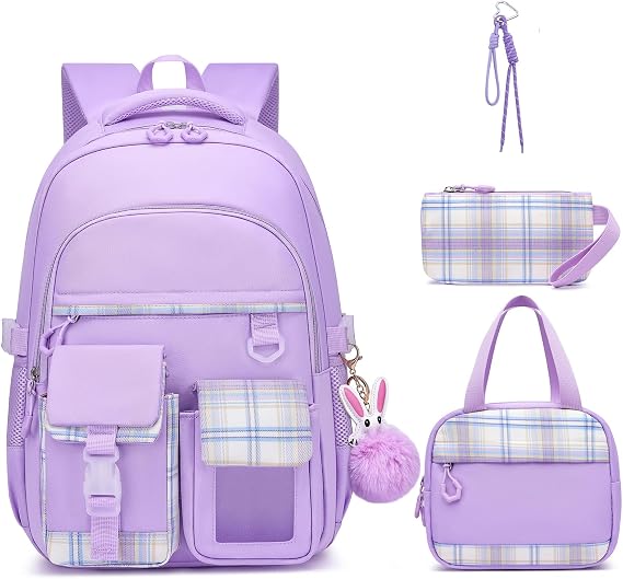 Girls Backpack - 3PCS Kawaii School Bag Set with Lunch Box & Pencil Case for Elementary Middle School, Lightweight Bookbag Casual Daypack for Kids Ages 6-12, Purple