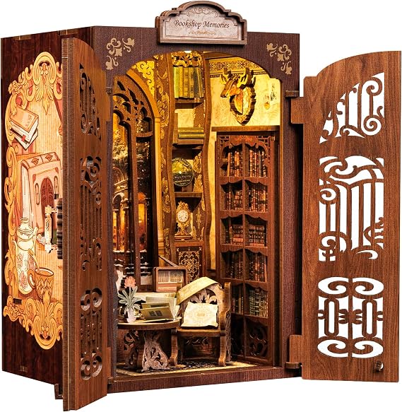 Cutefun DIY Book Nook Kit -DIY Miniature House Kit Adults and Beginners Booknook Library Bookshelf Decor Tiny House Mini 3D Wooden Puzzles Gifts for Women Book Lovers, Bookshop Memories