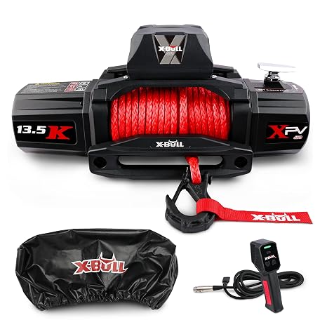 X-BULL 12V Synthetic Rope Winch-13500 lb. Load Capacity Electric Winch Kit with Winch Cover