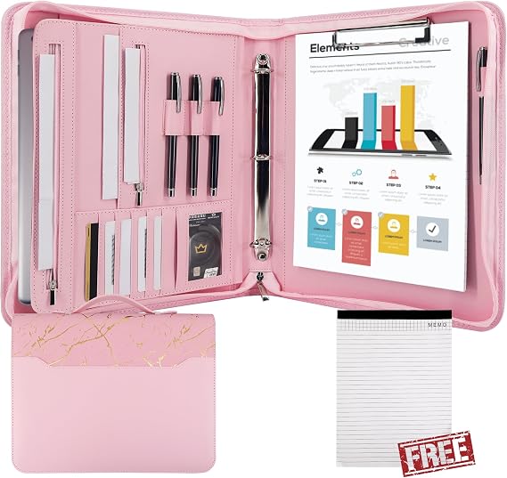 GraduatePro Zippered Leather Padfolio Portfolio Folder with Handle and Clipboard, 3-Ring A4 Size Interview Legal Conference Document Organizer, Business Card Holder Bag for Men/Women, Pink Marble