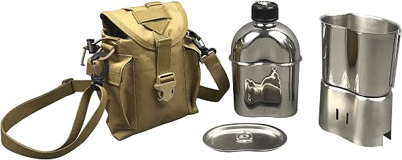 Jolmo Lander Military Canteen Cookware Set Camping Canteen Mess Kit Stainless Steel Canteen with Cup,Lid,Stove,Pouch