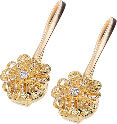 Cosmos 1 Pair Curtain Tieback Flower Curtain Clips Buckle Tie Backs Holder with Artificial Crystal and Stretchable Wire Rope for Home Office Bedroom Decoration Golden Tone Color