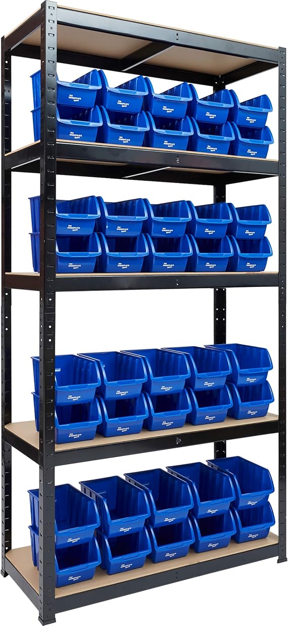 The Workplace Depot Small Parts Bin Shelving - 5 Shelf Unit with 40 Rigid Plastic Containers (Blue)