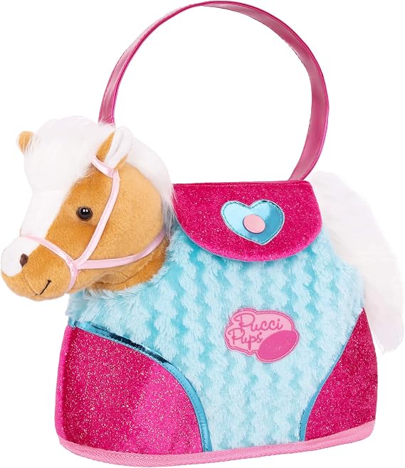Pucci Pups Pucci Pals Plush Horse Carrier Set, Beige Horse Purse, Pet | Beige plush horse with white mane and tail, blue saddle, pink and blue carrier bag, carrot and comb for play, Pet, 2+ Years