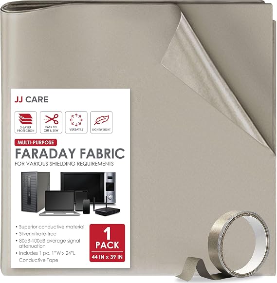 Faraday Fabric [Pack of 1, 44" x 39" Faraday Cloth + 1" x 24" Long Faraday Tape + Instructions] - Military Grade Shielding Fabric EMP Proof Military Grade