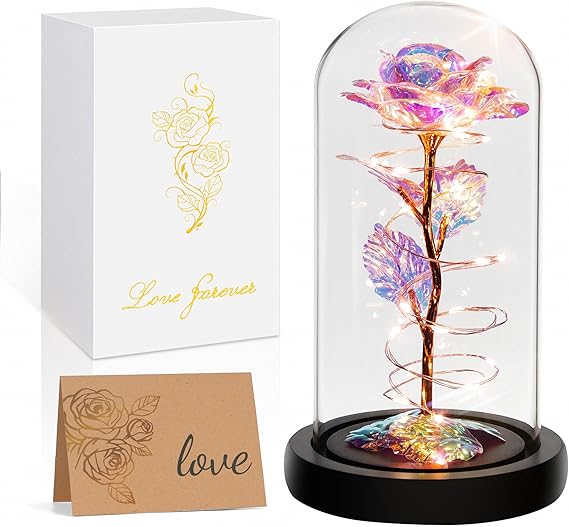 Childom Birthday Gifts for Women Mom,Flowers for Delivery Prime Christmas | Colorful Rainbow Light Up Rose in A Glass Dome,Christmas Rose Gifts for Women Mom Her Wife Grandma Anniversary Valentines
