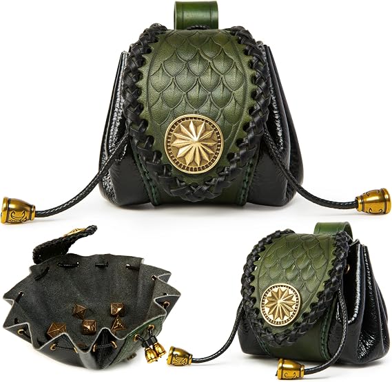 Cowhide Leather DND Vintage Dice Small Bag, Artisan dragon-scale carved, Handcrafted Fully, Belt Pouch, Portable Coin Purse for Ren Faire Costumes(Green)