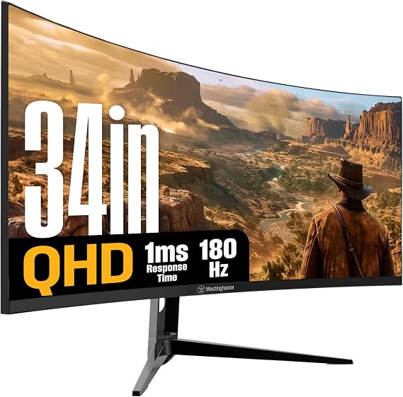 Westinghouse 34 Inch Curved Gaming Monitor, 2K Ultra-WQHD(3440x1440P), AMD FreeSync Premium, 3000:1 Contrast Ratio, 122% sRGB, 180Hz, 1ms, 1500R, Eyecare, Built-in Speakers, DisplayPortx2, HDMIx2