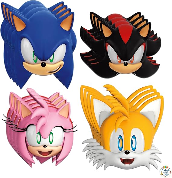 Unique Sonic the Hedgehog Party Masks 16 Assorted Paper Masks with Celebrate With Me Sticker | Sonic Birthday Party Supplies for Kids