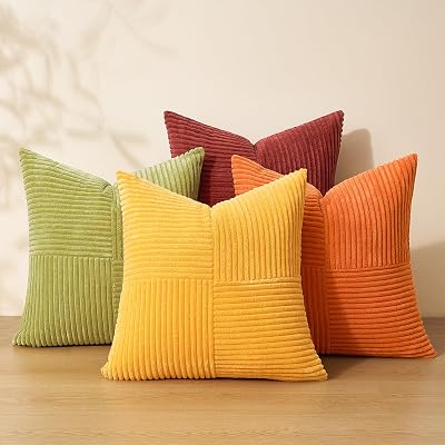 Topfinel Fall Burnt Orange Decorative Throw Pillows Covers 18x18,Soft Corduroy Square Throw Pillow Covers Set of 4,Western Farmhouse Cushion Cover for Couch Sofa BedroomTerracotta,Rust,Yellow