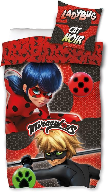 Miraculous Ladybug Children's Bed Linen Duo Red 135 x 200 cm + 80 x 80 cm 100% Cotton Renforcé Linen Quality Lady Bug Marinette Dupain-Cheng Adrien Cat Noir Paris Tikki Plag German Size 053-B