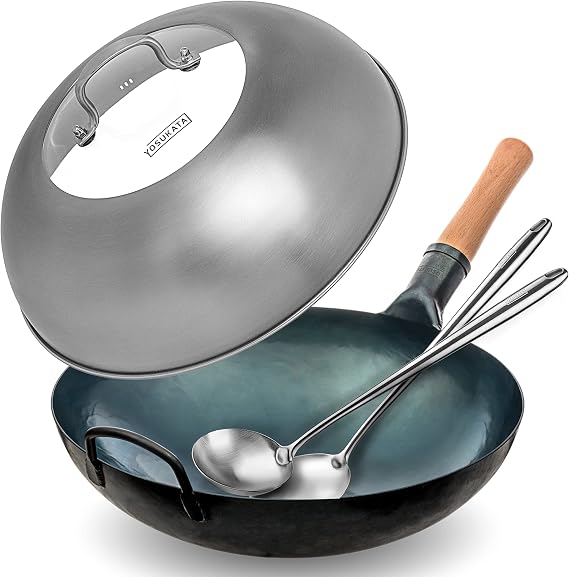 YOSUKATA Blue Carbon Steel Round Bottom Wok Pan 36 cm + Stainless Steel Wok Lid 34.5 cm + 43 cm Spatula and Ladle - Set of 2 Heat-Resistant Tools