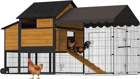 Large Chicken Coop for 4-6 Chickens,Mobile Combination of Metal and Wood Hen House Poultry Cage with Metal Run, Nesting Box,Waterproof Rain Cover Duck Coop
