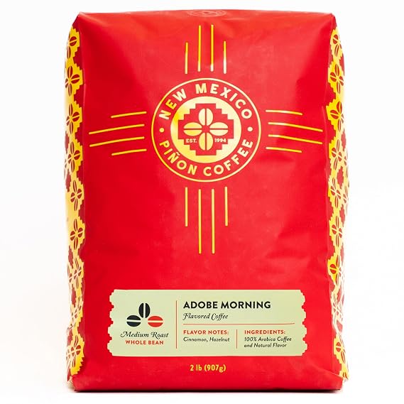 New Mexico Pinon Coffee Naturally Flavored Coffee (Adobe Morning Whole Bean, 2 pound) | Naturally flavored cinnamon & hazelnut; 100% Brazilian Arabica beans; ideal for drip, pour-over & French press