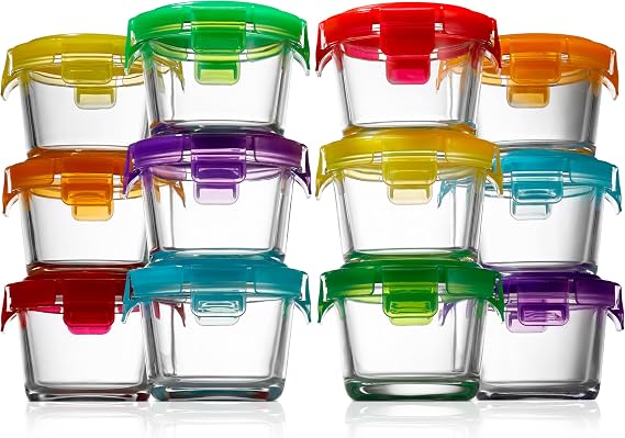 NutriChef 24-Piece (12 Glass Food Storage Containers and 12 Lids), 4.48oz Mini Stackable Meal Prep Round Containers - Microwave, Freezer, Dishwasher Safe For Food, Snacks, Fruits, Nuts & More