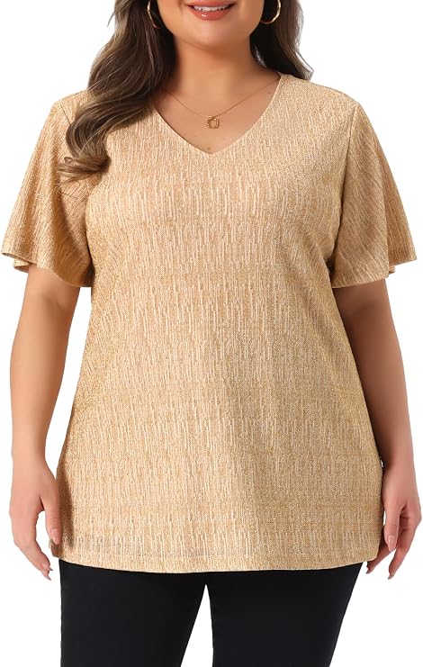 Agnes Orinda Women Plus Size V Neck Short Sleeve Metallic Glitter Tops