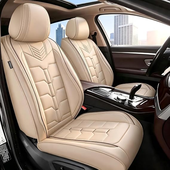 IKABEVEM Front Car Seat Covers Fit for Lexus ES 350 300h 2007-2026 2PCS | Waterproof Breathable Stain-Resistant Full Wrap Leather Car Protector | Airbag Compatible & Easy to Install -2 Seats Beige
