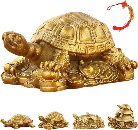 Pyrite Tortoise Statue Brass Turtle Figurine, Lucky Crystal Feng Shui Crystal Decor for Home Office Desk Shelf, Symbol of Wealth Prosperity & Luck, Tea Pet Animal Sculpture Gift (A)