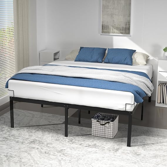 VOUNOT King Size Bed Frame 150 x 200 cm - Sturdy Metal Bed Frame with Steel Slat Support - 36cm Height Storage Space Under the Bed - Black