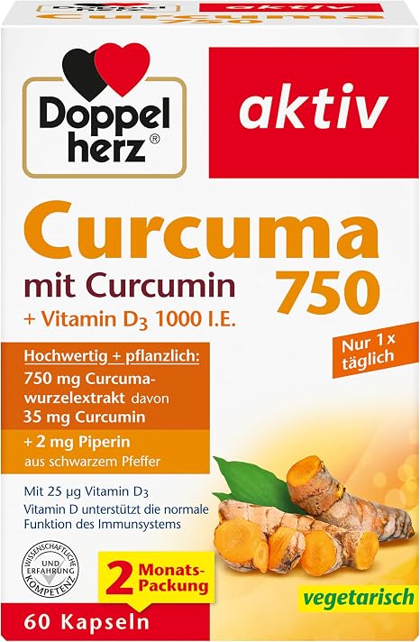 Doppelherz Curcuma 750 with Curcumin + Vitamin D3 1000 IU 750 mg turmeric root extract - vitamin D supports the normal functioning of the immune system - 60 capsules