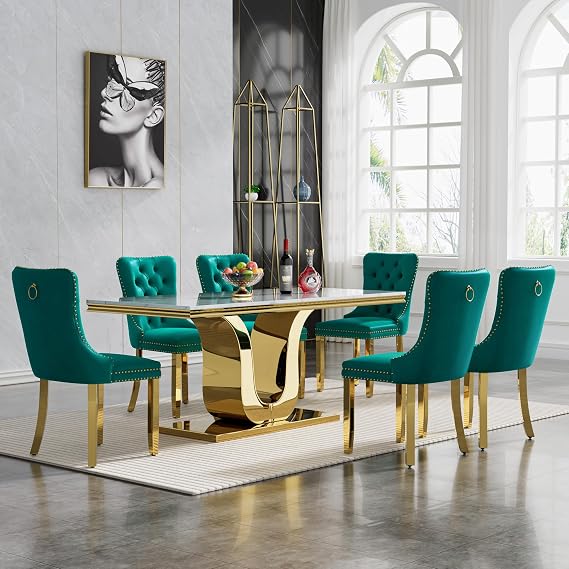 Henf 7 Piece Dining Table Set with 6 Upholstered Chairs, 68'' Luxury Faux Marble Top Gold Dining Table Set for 6, Sturdy U Stainless Steel Pedestal, White Gold Kitchen Dining Room Table Set for 6