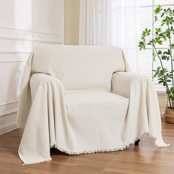 MEETSKY Oversized Chair Cover Washable Armchair Sofa Cover for Dog, Couch Protector for Sofa Single Cover, Small Couch Cover Sofa Throw Cover with Tassel, 71" x 91", Beige