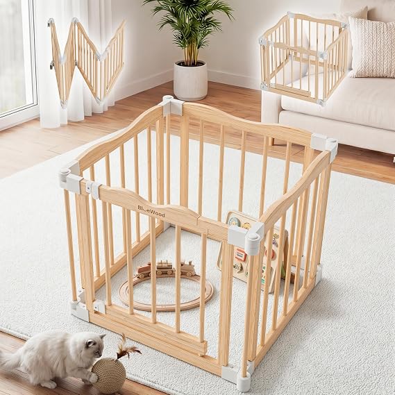 Wooden Baby Playpen, Natural Solid Wood Playpen, 23 x 23 x 24 inches