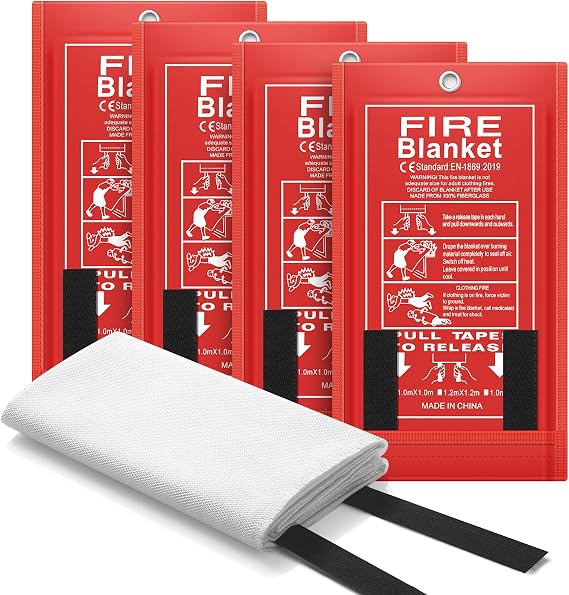 FLASLD Fire Blanket Kitchen Fat Fire - Large Fibreglass Fire Blanket with Flame Retardant Cotton Handles in Red Case - Fire Blanket for Kitchen Home Caravan (1 m x 1 m) - Pack of 4