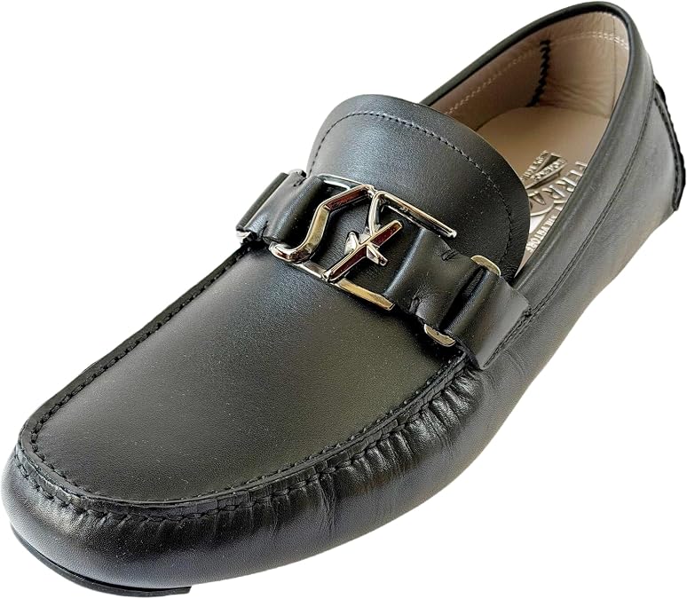 Ferragamo Peter Black Calf Leather Men's Gancini Loafers Drivers Dress (Salvatore