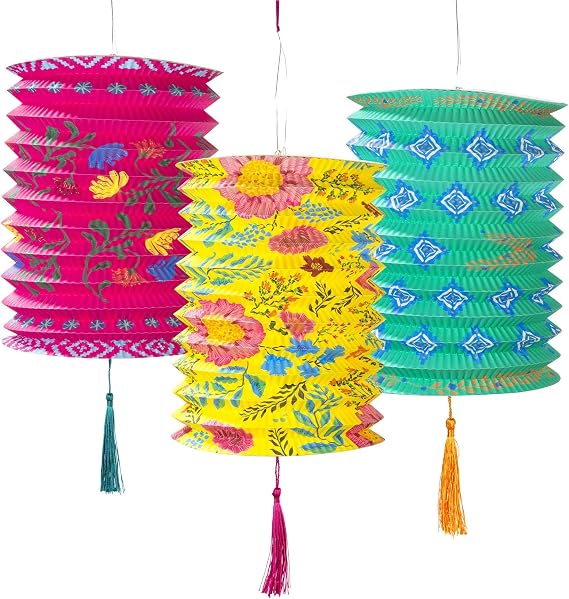 Talking Tables 3 x Boho Chinese Paper Lanterns with Tassels | Pink, Yellow & Blue Hanging Decorations for Birthday, Garden Party & Mexican Fiesta