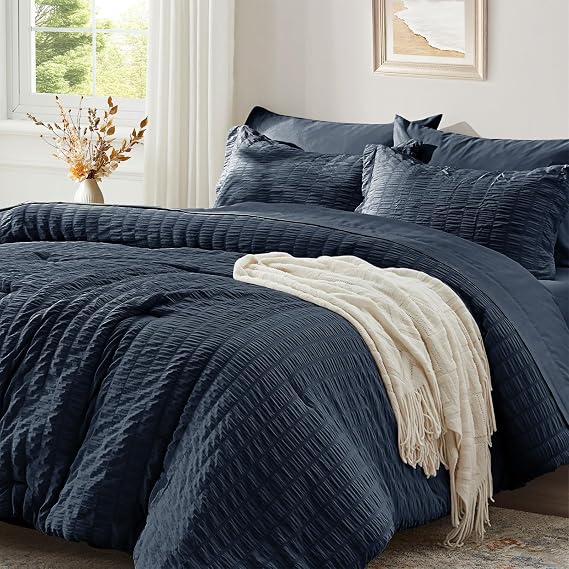 Full Size Comforter Sets 7 Piece, Navy Blue Bed in a Bag Full Bedding Set
