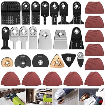 100 Pieces Oscillating Saw Blades, Multi Tool Blades Kits with Sandpaper for Wood, Metal Cutting, Quick Release Tool Blades Kits Fit for Multimaster Rockwell Fein Bosch Task Ryobi