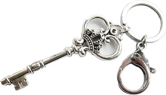Large Skeleton Key keychain, Antique Silver Finish Key, Ornate Victorian Style, Crown keyring with Swivel Clasp