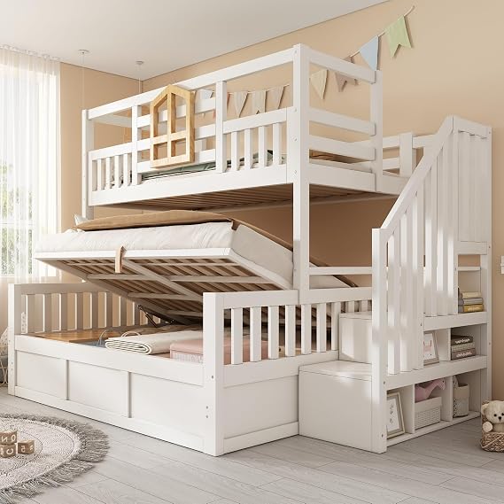Solid Wood Bunk Bed with Hydraulic Lift, Storage Staircase and Window, 3ft Single 4ft6 Double Cabin Bed Frame Children's High Sleeper Loft Bed with Guardrail, Storage Beds for Kids Teens Adults, White