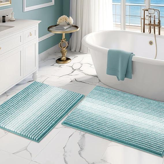 Bathroom Rugs Sets 2 Piece, Non Slip Striped Bath Mats, Aqua Green | 20"x32" Plus 16"x24",Soft Absorbent Chenille, Quick Dry Machine Washable, Shower Rug for Bathroom Floor, Tub, Bedroom Decor