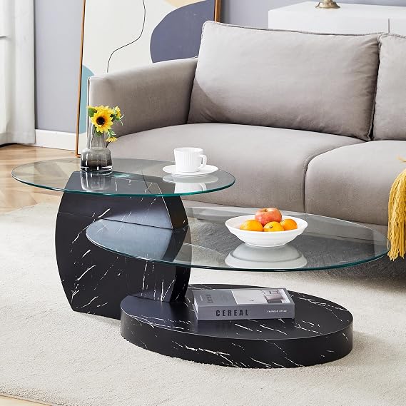 47" Oval Glass Coffee Table, 2-Tier Glass Tabletop with Wooden Base, Easy to Maintain,Ideal for Dining Room, Living Room