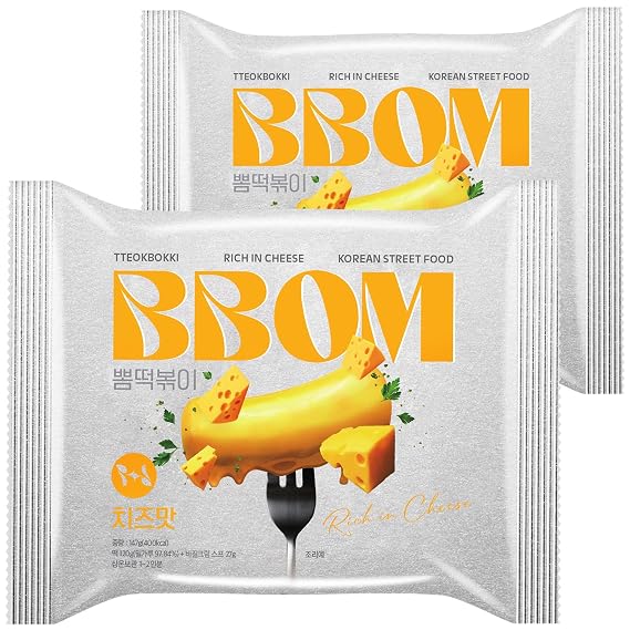 BBOM Instant Korean Tteokbokki Pouch Cheese Flavor Korean Rice Cakes, Easy Street Food Meal Kit, Includes Tray, Rice Cakes & Powder Sauce, 5.19 oz (147 g) x 2