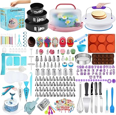 Gawren-H&E 678pcs Cake Decorating Kit,Baking Supplies with Decorating Tools,Cake Carrier,Cake Turntable,Piping Bags and 74 Tips,Springform Pans,Cake Decoratng Supplies Kit for BeginnersProfessional