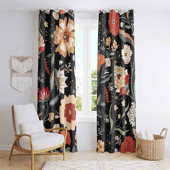 Black Red Boho Floral Blackout Curtains, 52Wx84L, 2 Panels