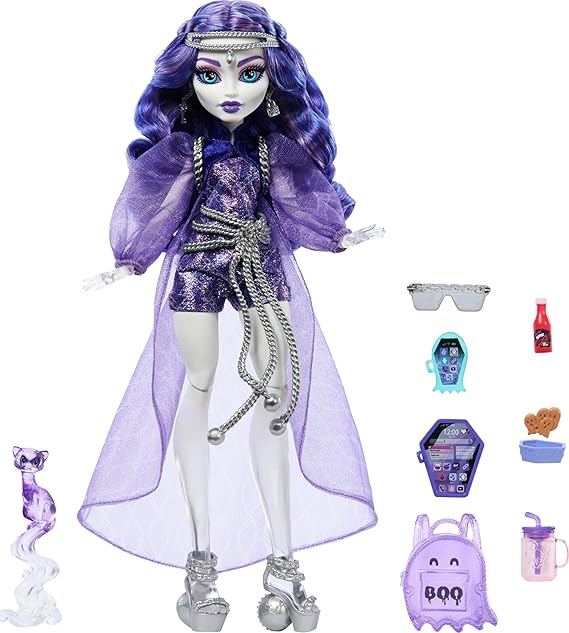 MONSTER HIGH SPECTRA VONDERGEIST Baby Monster High Spectra Vondergeist doll HXH77 with pet ferret Rhuen and accessories