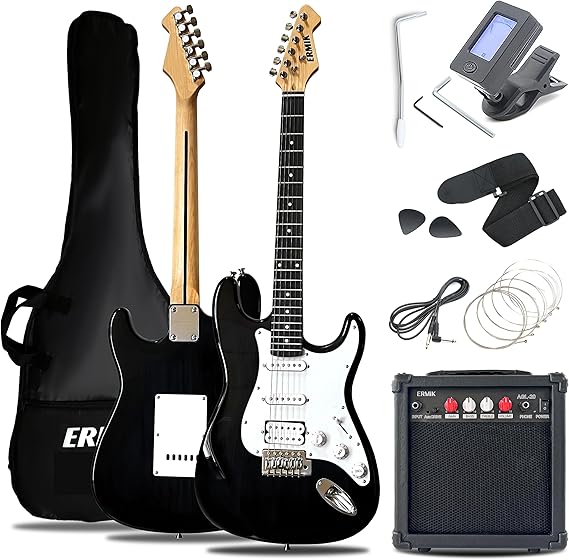 Ermik Solid Body Electric Guitar Kit with Amp 20W, Strings, Strap, Digital Tuner, Picks, Gig Bag, Cable, Tremolo Bar, 39" Full Size Guitar HSS Pickups Guitarra Electrica Beginner Gift - Black
